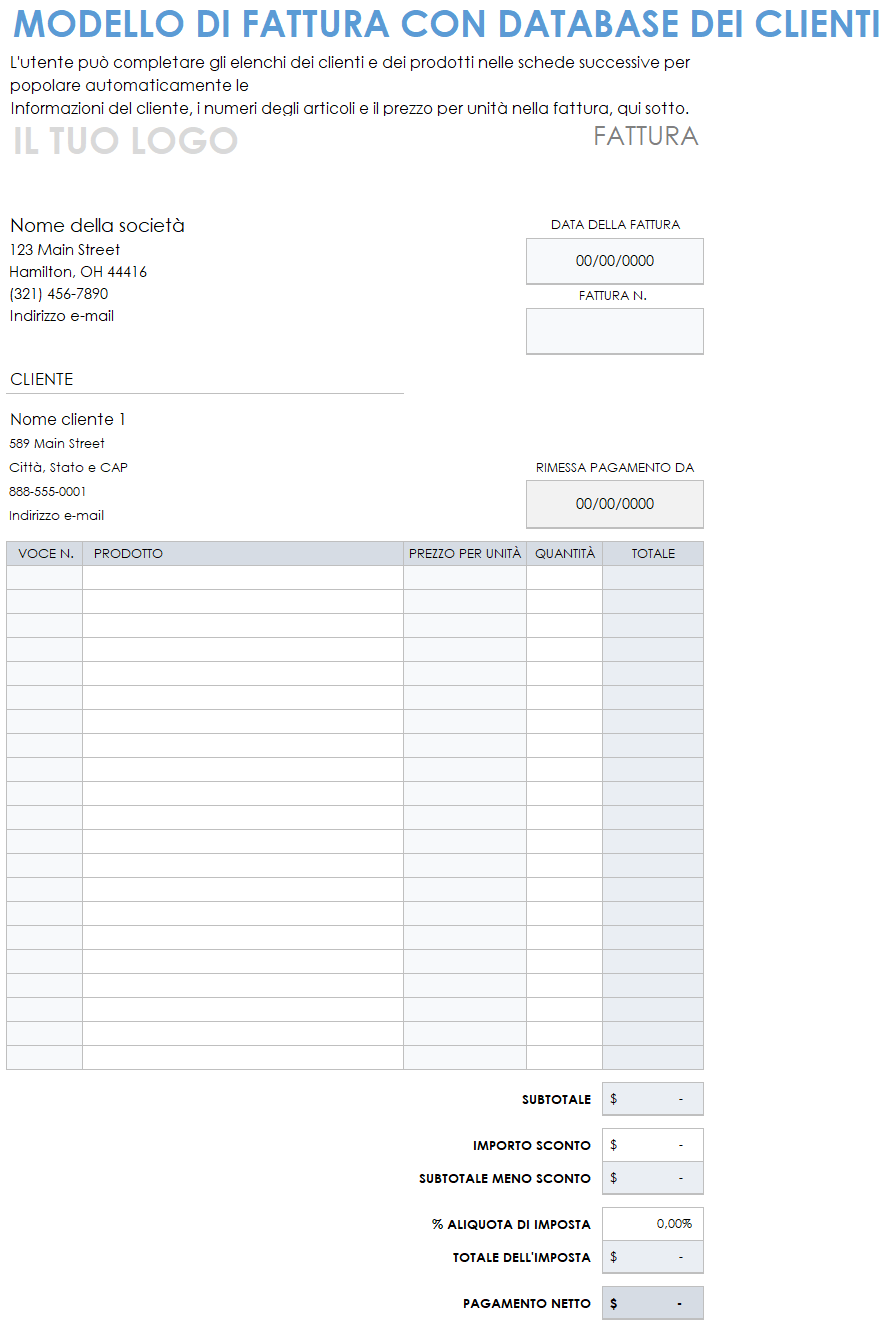 Modello di fattura con database clienti