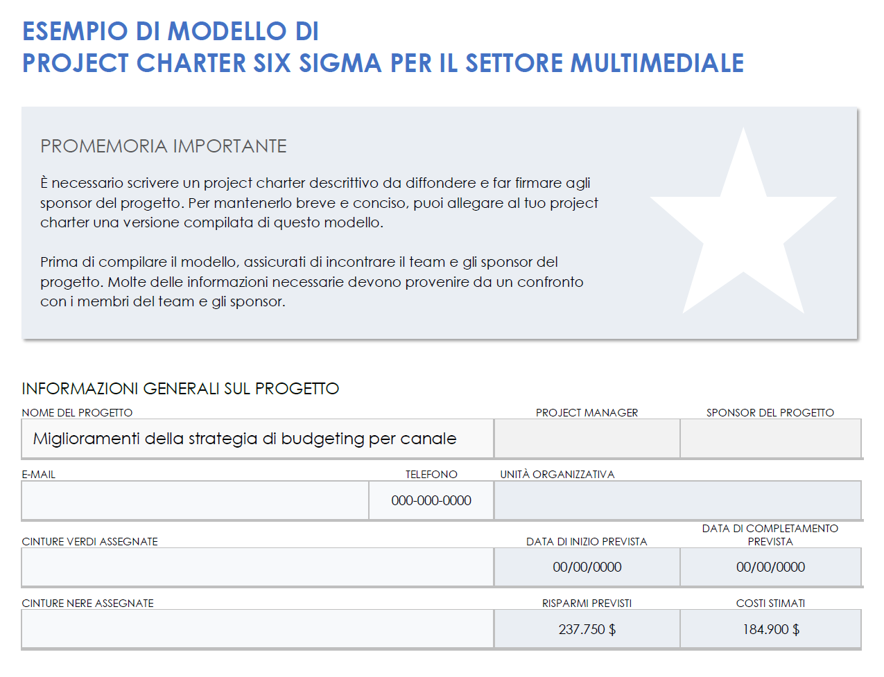 Esempio di carta di progetto Media Six Sigma