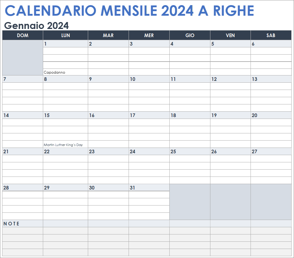  Modello di fogli Google con calendario mensile a righe 2024