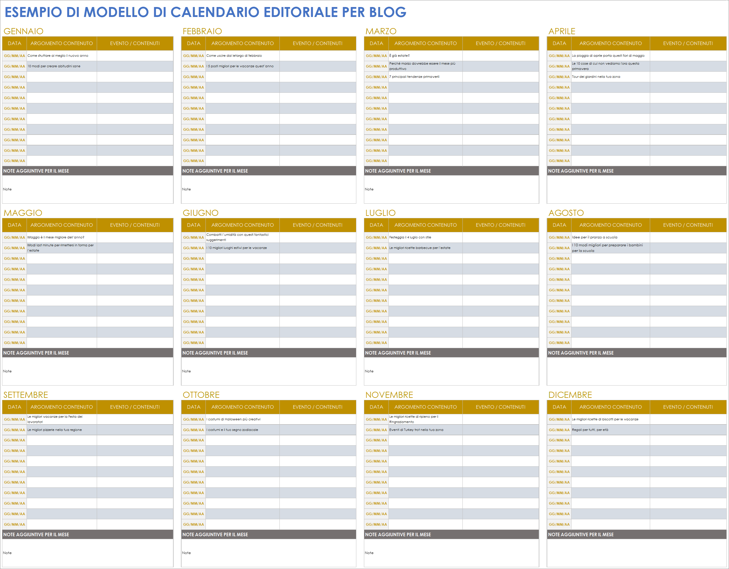  Modello di esempio di calendario editoriale per blog