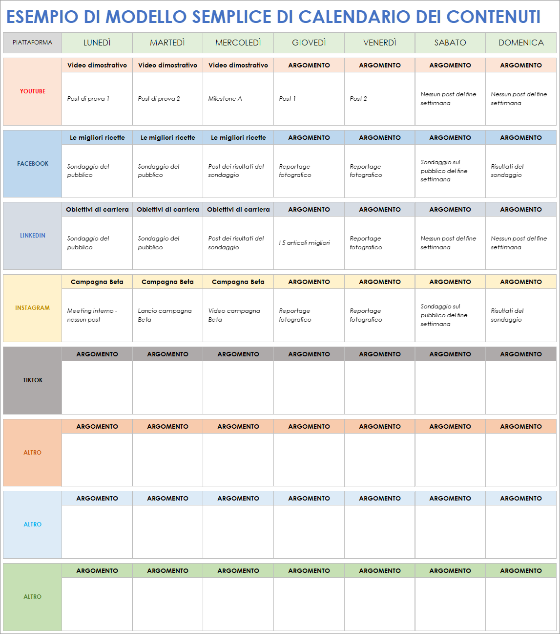  Modello di esempio di calendario con contenuto semplice