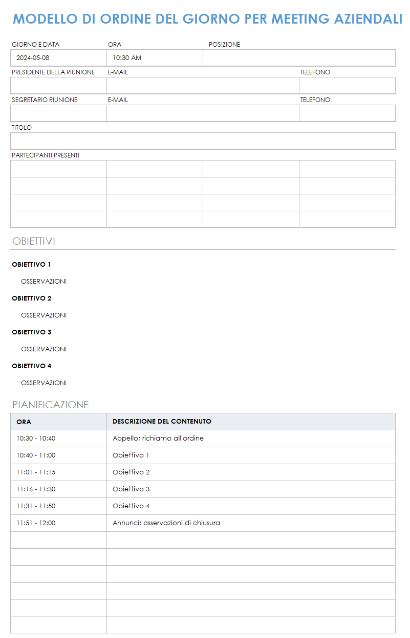 Modello di agenda di riunioni aziendali