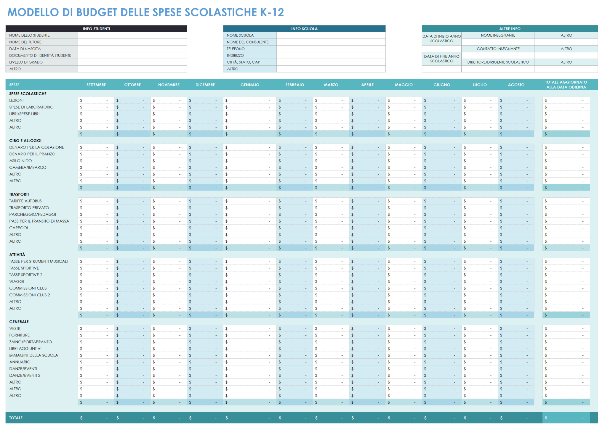  Modello di budget delle spese scolastiche K-12