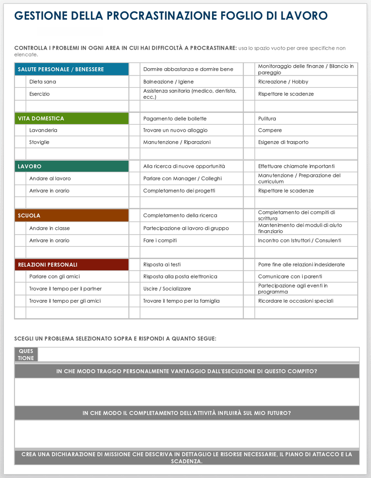 Modello di foglio di lavoro per la gestione della procrastinazione