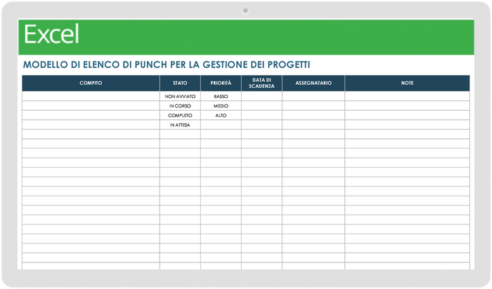  Modello di elenco di punzonatura per la gestione del progetto